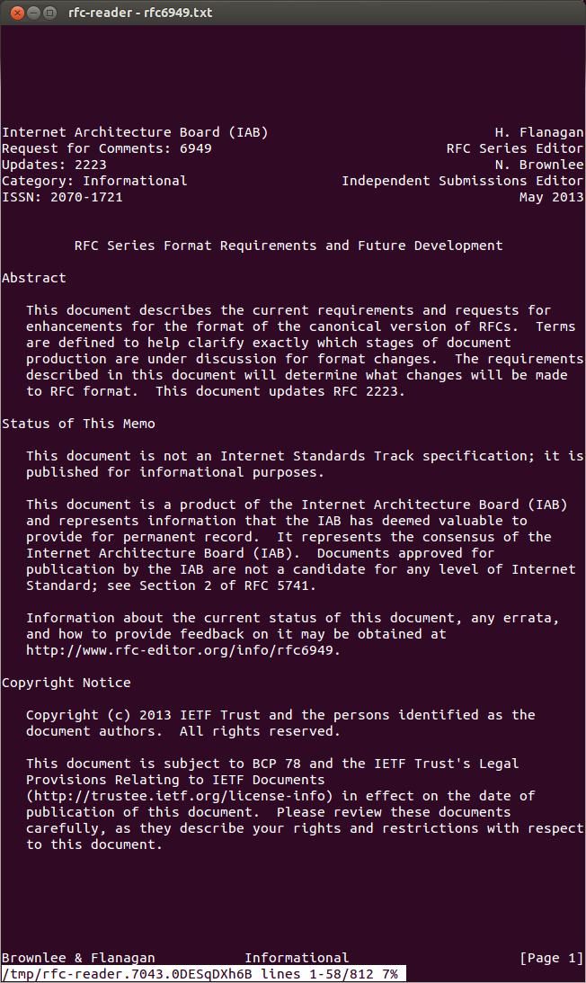 [image of rfc-reader using GNOME Terminal and less]