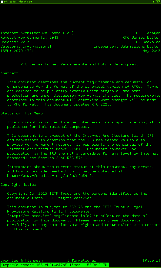 [image of rfc-reader using XTerm and less]